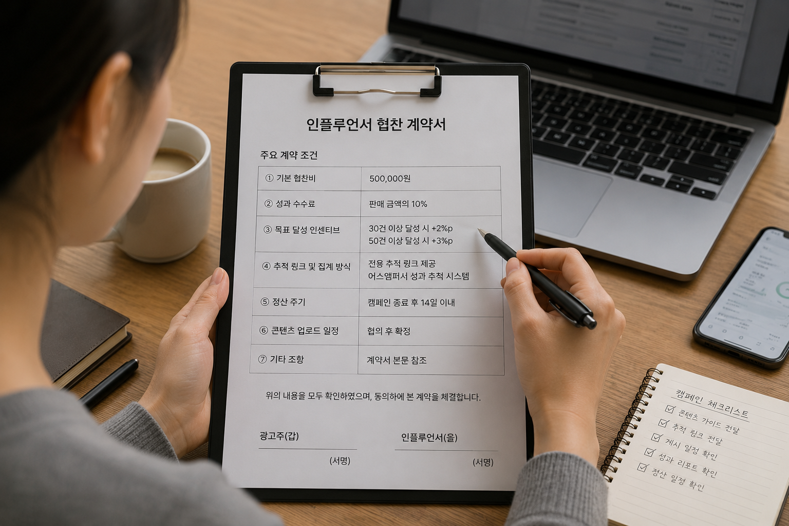 기본 협찬비, 성과 수수료율, 목표 달성 인센티브, 추적 링크 방식이 항목으로 정리된 인플루언서 협찬 계약서 체크리스트