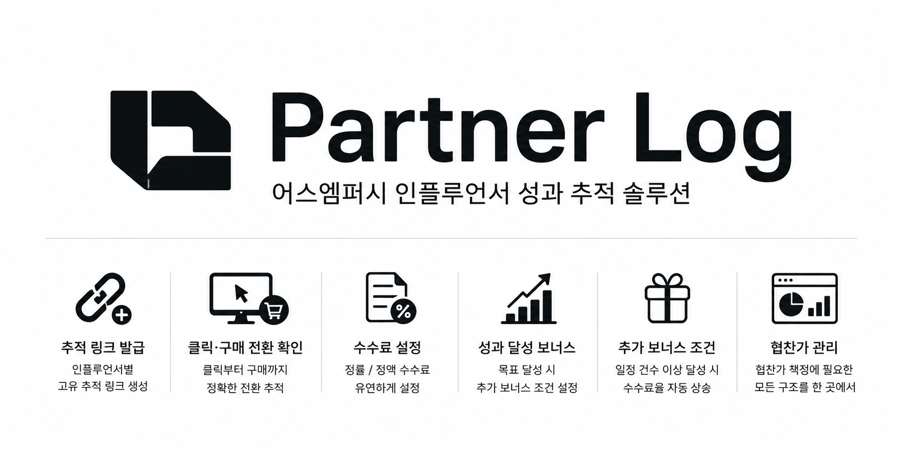 파트너로그 — 추적 링크 발급, 클릭·구매 전환 확인, 수수료 설정, 성과 달성 보너스, 협찬가 관리 기능을 보여주는 소개 배너