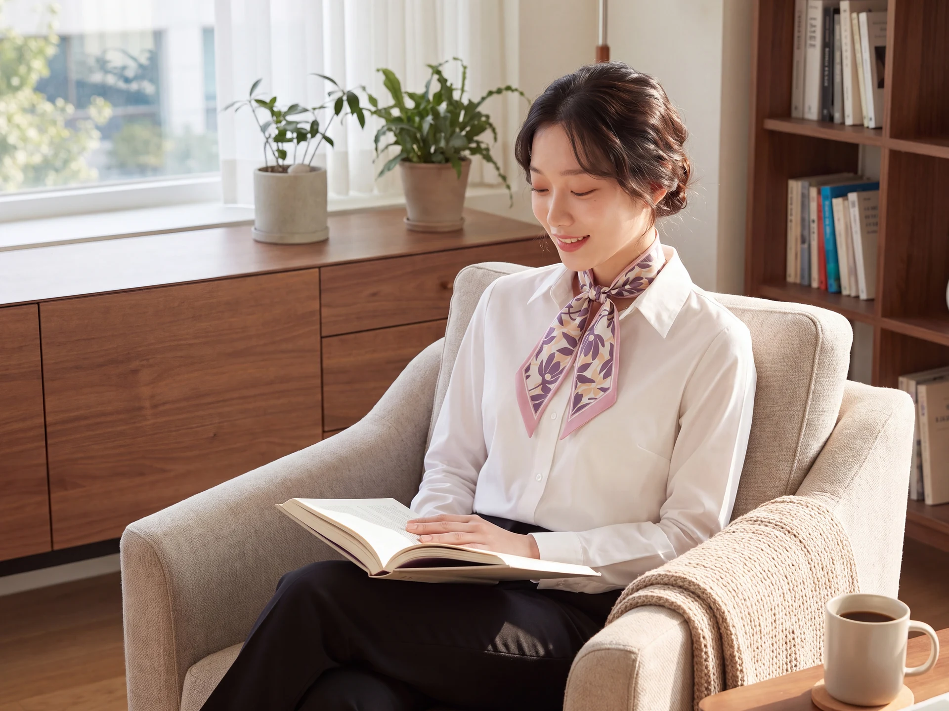 밝은 창가에서 보라색 꽃무늬 실크 스카프를 두르고 책을 읽는 여성